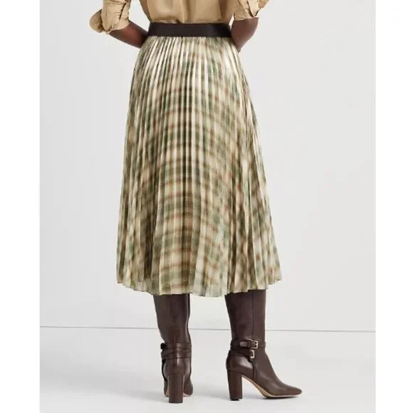 LAUREN Ralph Lauren Women's Plaid Pleated Metallic Georgette Skirt Cream Size 8 - Picture 2 of 6